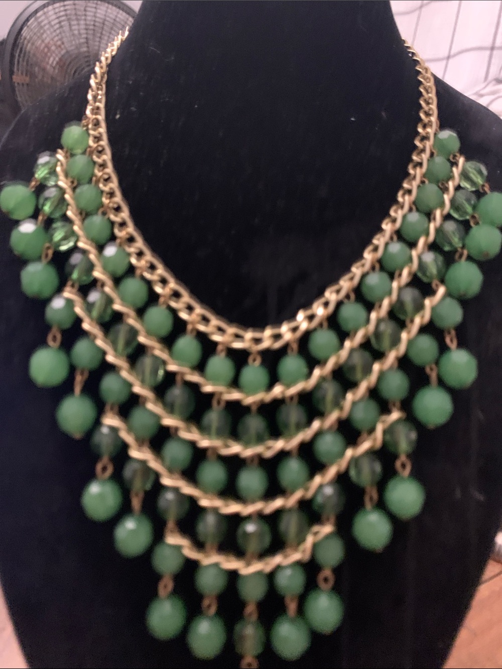 Vintage Layered Green Bead Statement Necklace - Gold Chain
